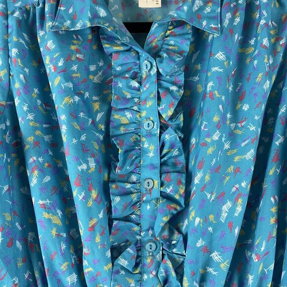 Vintage Neiman Marcus Dress Womens Medium Blue Printed Ruffle Retro USA Made - Picture 5 of 16